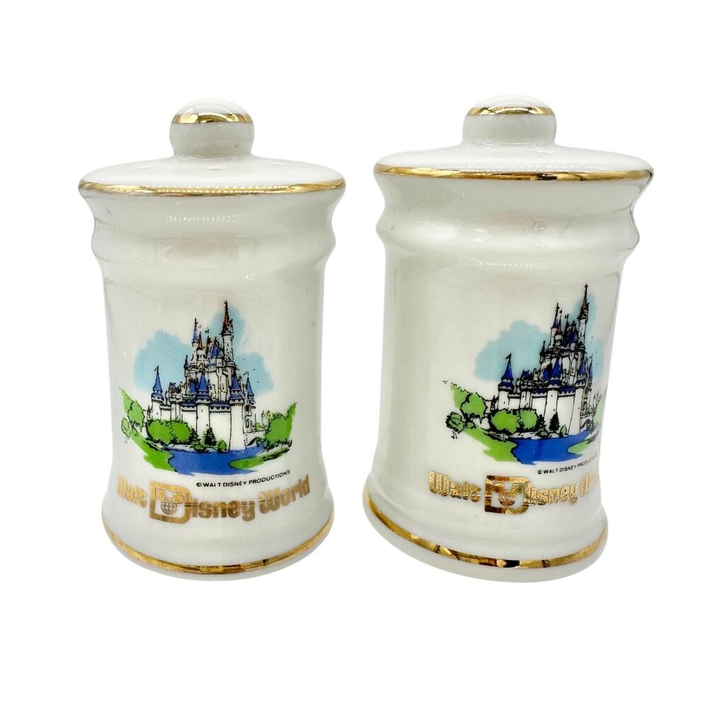 Vtg Walt Disney World Castle Salt and Pepper Shakers Japan Porcelain White Gold